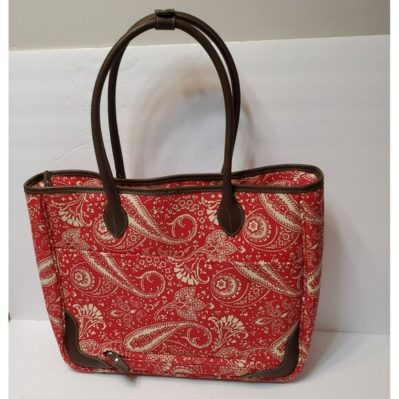 American Living Mackenzie Luggage Tote Bag Red Paisley Print Canvas Faux Leather - Picture 2 of 15